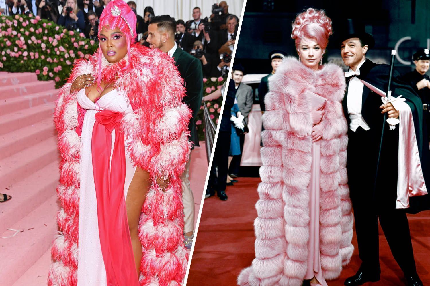 Lizzo at the 2019 Met Gala and Shirley MacLaine in What A Way To Go!