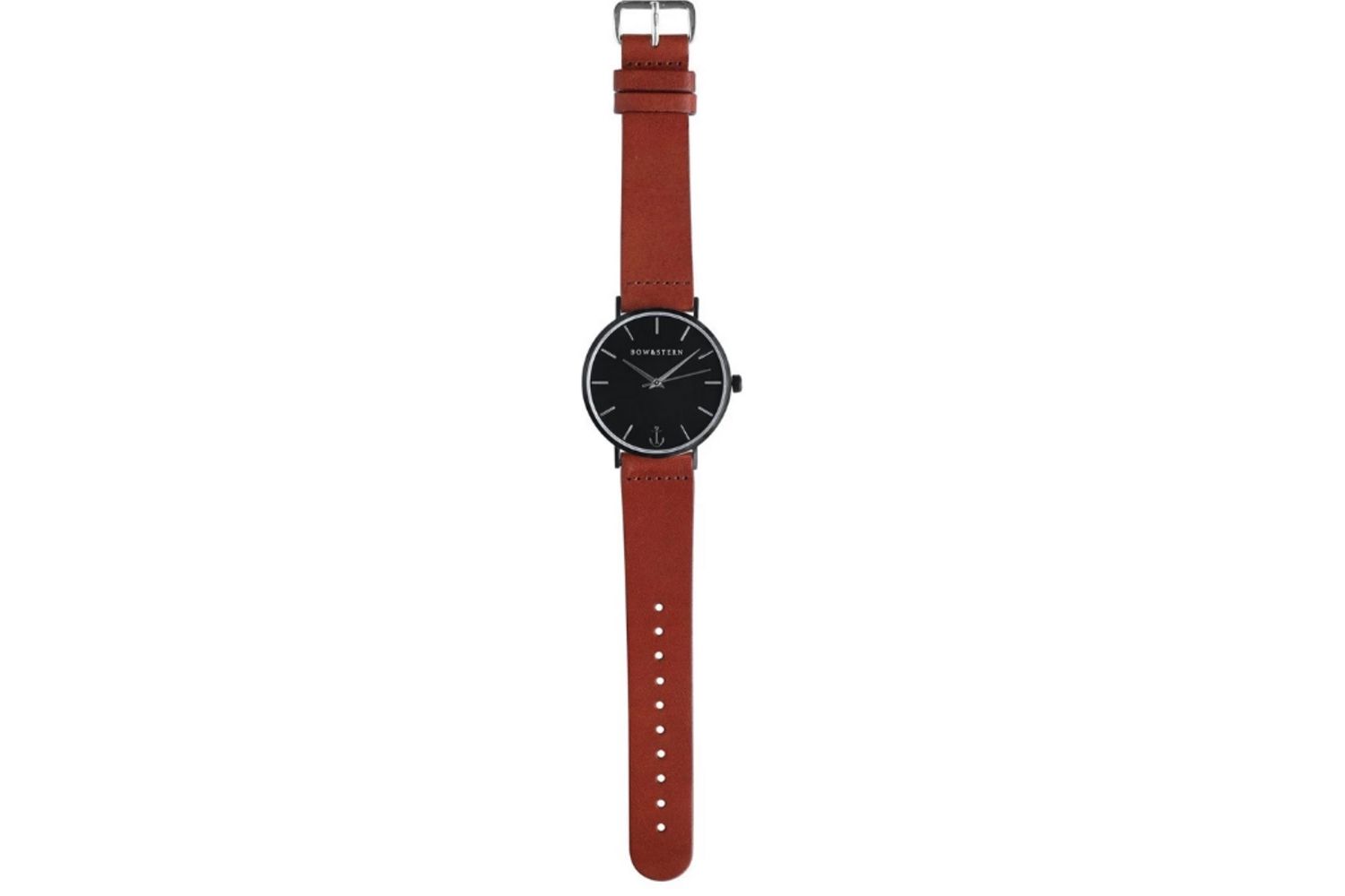 Bow & Stern Castaway - Matte Black and Silver Watch, Brown Leather