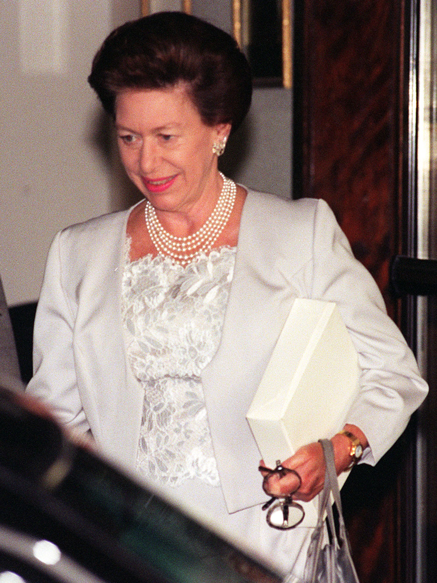 Princess Margaret leaves the Portland Hospital after visiting her daughter, Lady Sarah Chatto, who gave birth to a son in London, 29 July 1996