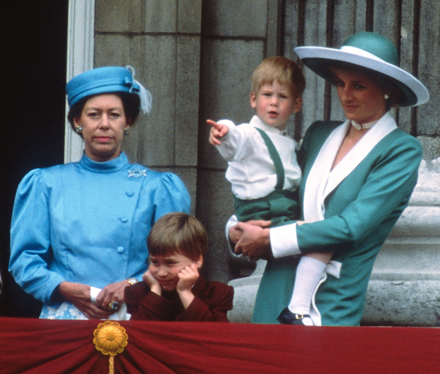 Princess Margaret with Prince William, Prince Harry, and Princess Diana on the balcony of Buckingham Palace following the Trooping the Colour ceremony in London, June 11, 1988