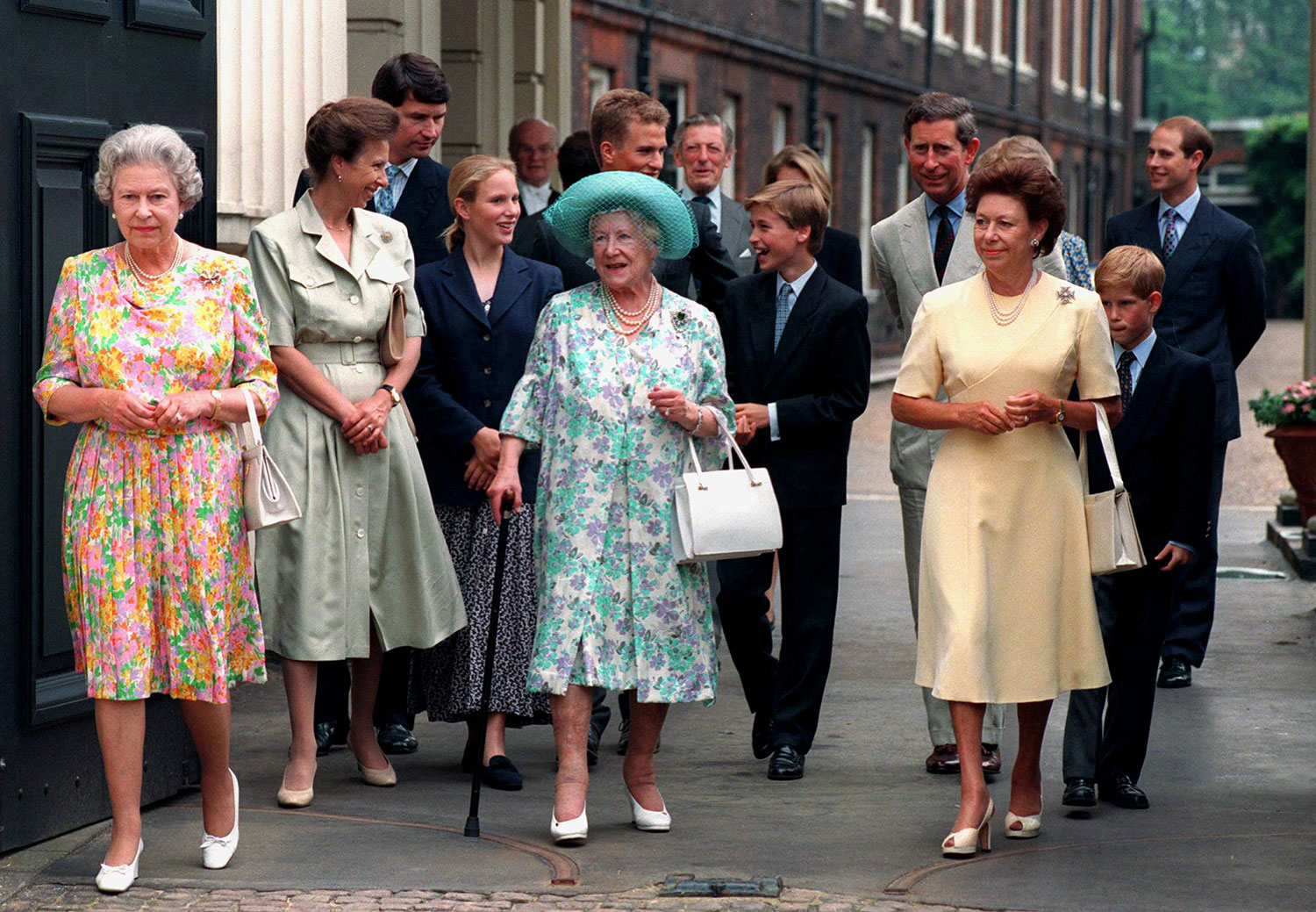 The Queen Mother with her family outside Clarence House on her 94th birthday, London, August 4, 1994.