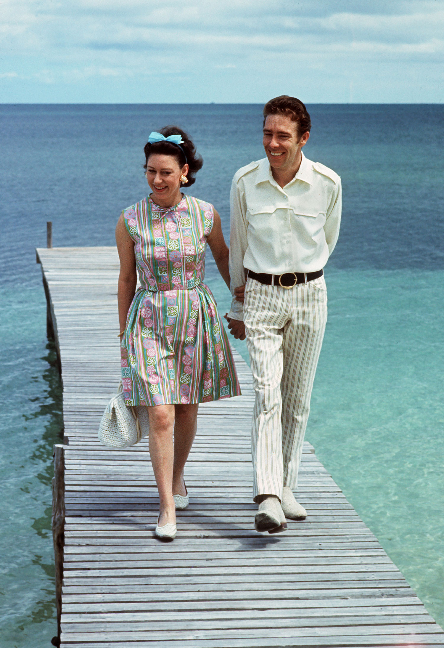 Princess Margaret with her husband Earl of Snowdon on a pontoon in the Bahamas, March 14, 1967
