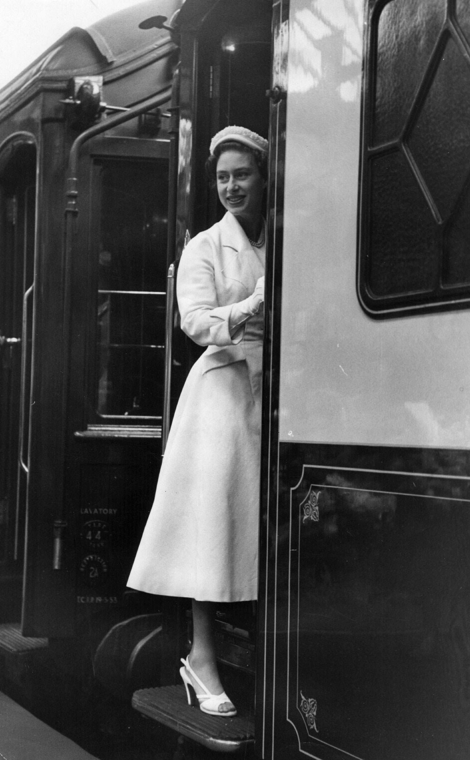 Princess Margaret boards a train at Southampton station, August 22, 1953