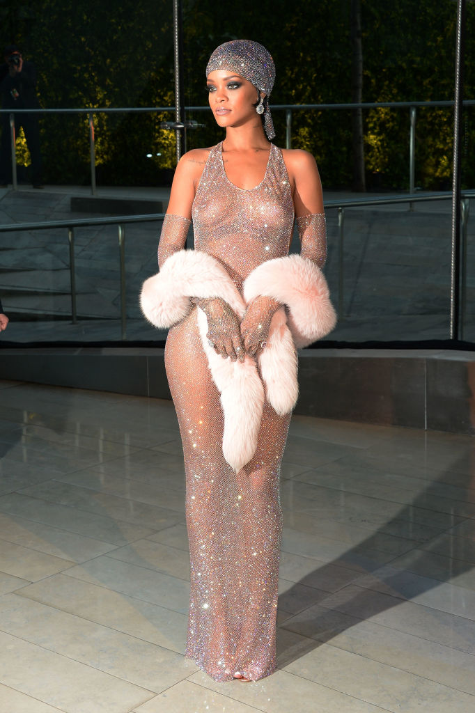 Rihanna has spoken about her celebrity fashion fail as being not wearing a bedazzled thong under her iconic Swarovski dress.