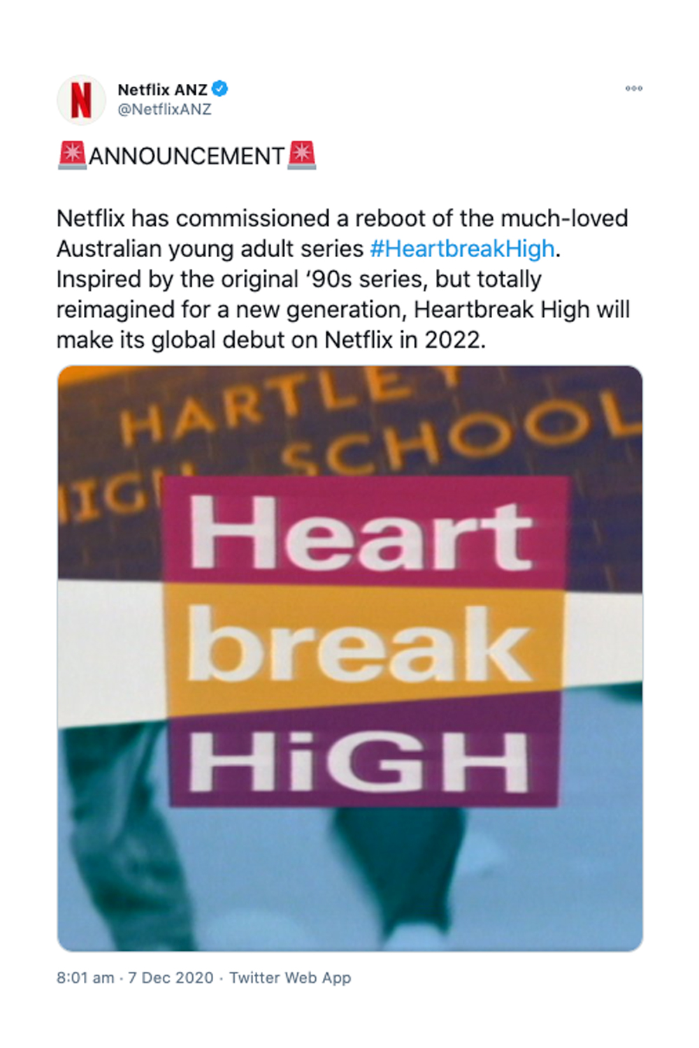 Netflix Australia announces 'Heartbreak High' reboot on Twitter