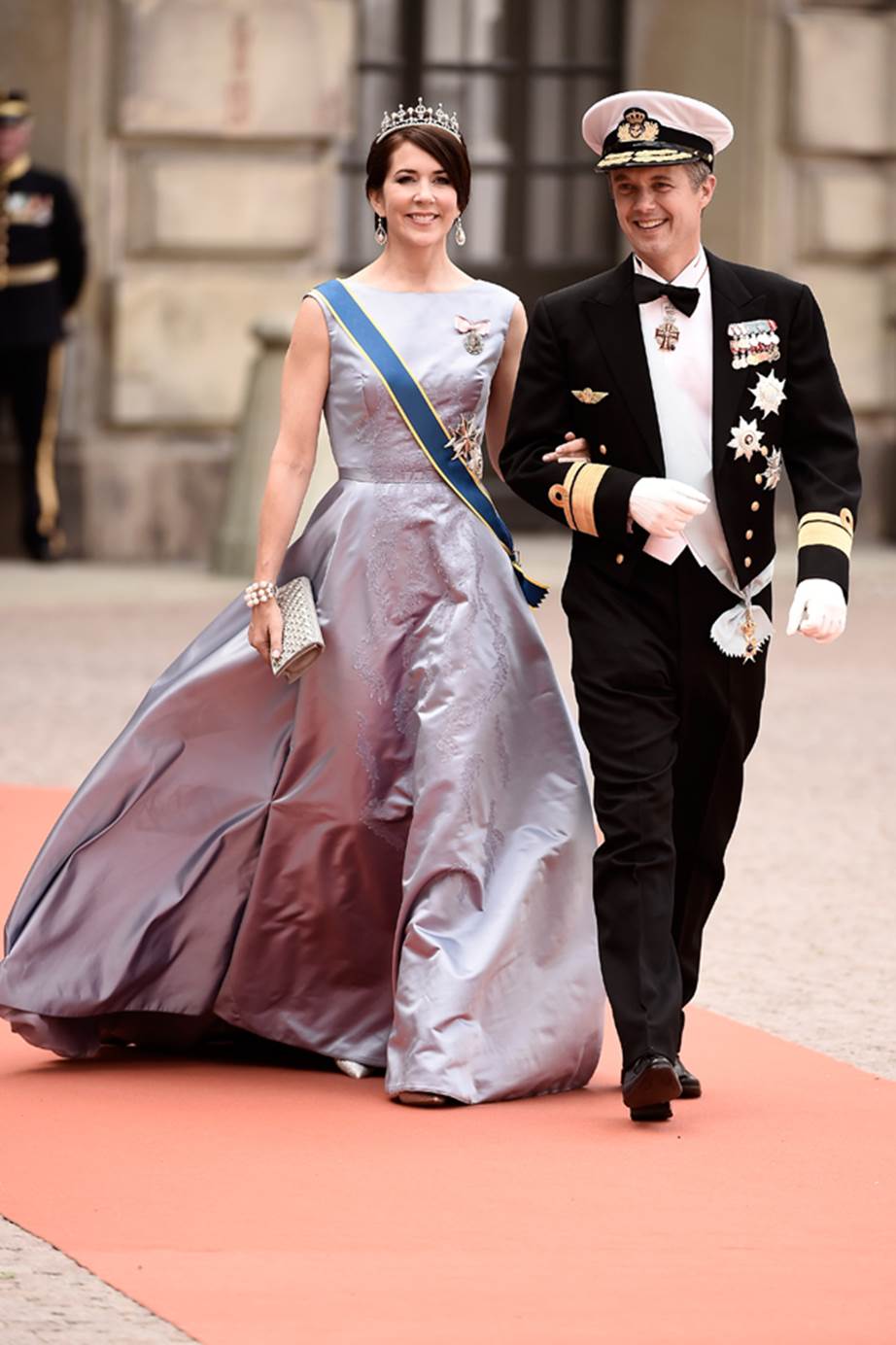 Wearing her wedding tiara, with pearl additions on the band and prongs, in 2015.