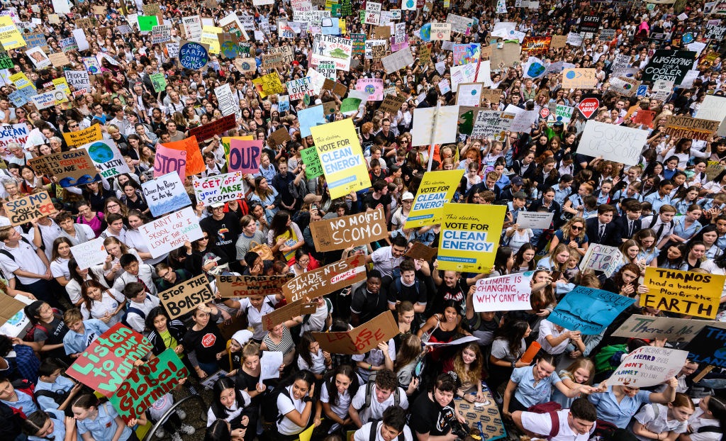 Protesters during a Climate Change Awareness March on March 15, 2019 outside Sydney Town Hall, Australia