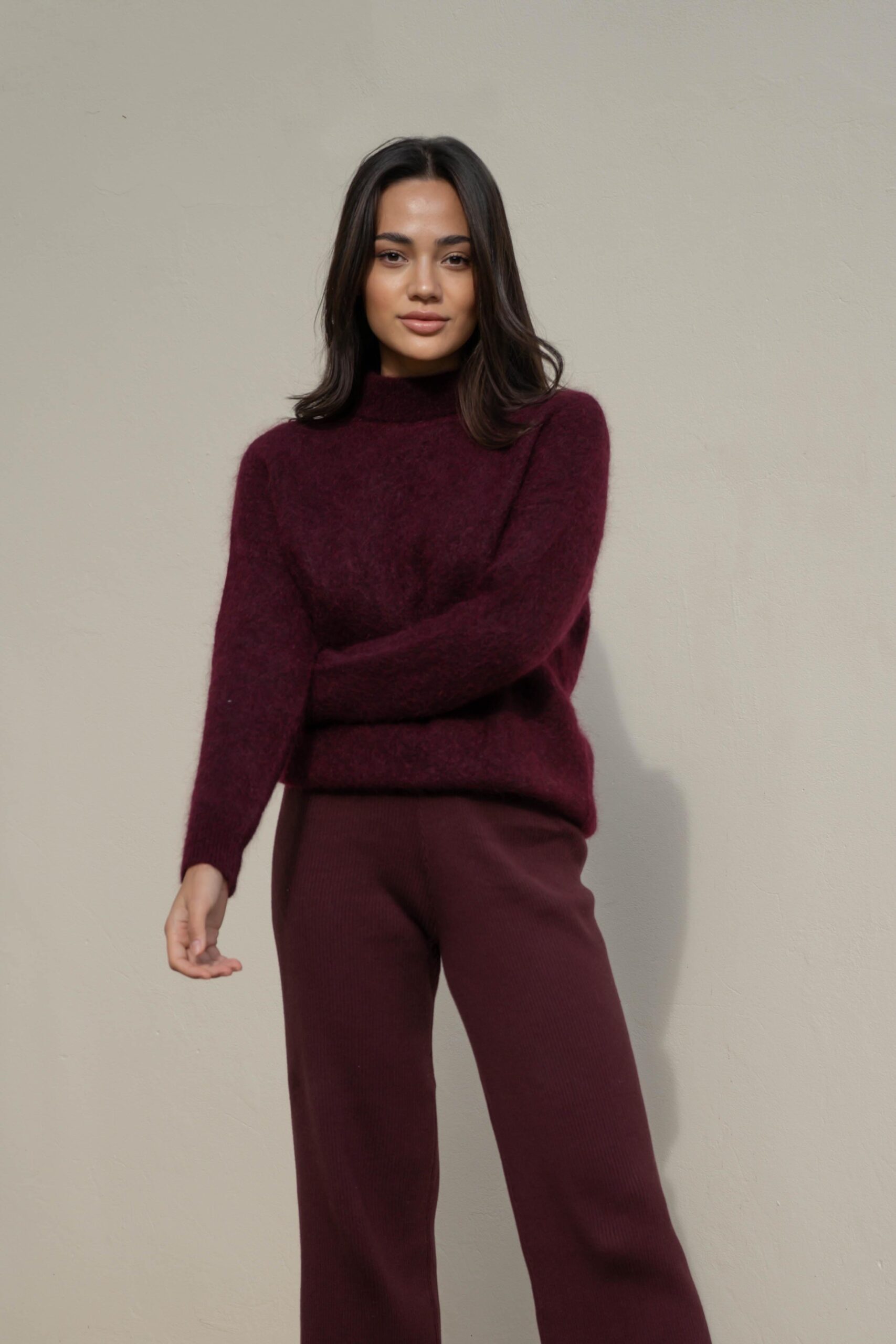 Rib knit pants, $119.95; Mohair crew neck sweater, $189.95, both Seed Heritage, available at Myer.