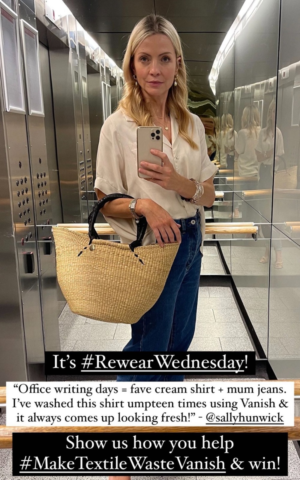 marie claire beauty editor, Sally Hundwick dons her favourite cream shirt for #rewearwednesdays.